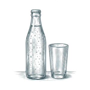 Ilustración grabada de botella de la carta de Don Bigote Gastrobar (La Barrosa)