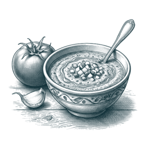 Ilustración grabada de gazpacho de la carta de Don Bigote Gastrobar (La Barrosa)
