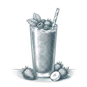 Ilustración grabada de smoothie de la carta de Don Bigote Gastrobar (La Barrosa)
